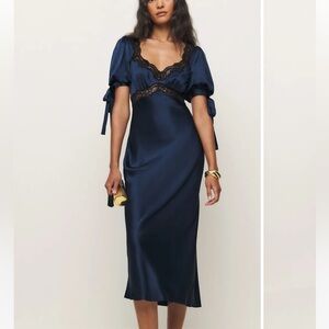Elegant Navy Blue Satin Dress with Lace Detail